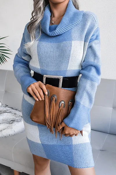 Casual Plaid Split Joint  Contrast Turtleneck Pencil Skirt Dresses Sweater (Without Belt)