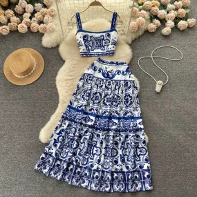 LVSANW JAMERARY Summer Runway Blue And White Porcelain Two Piece Set Women Flower Print Short Crop Top   Holiday Beach Maxi Skirt Suits