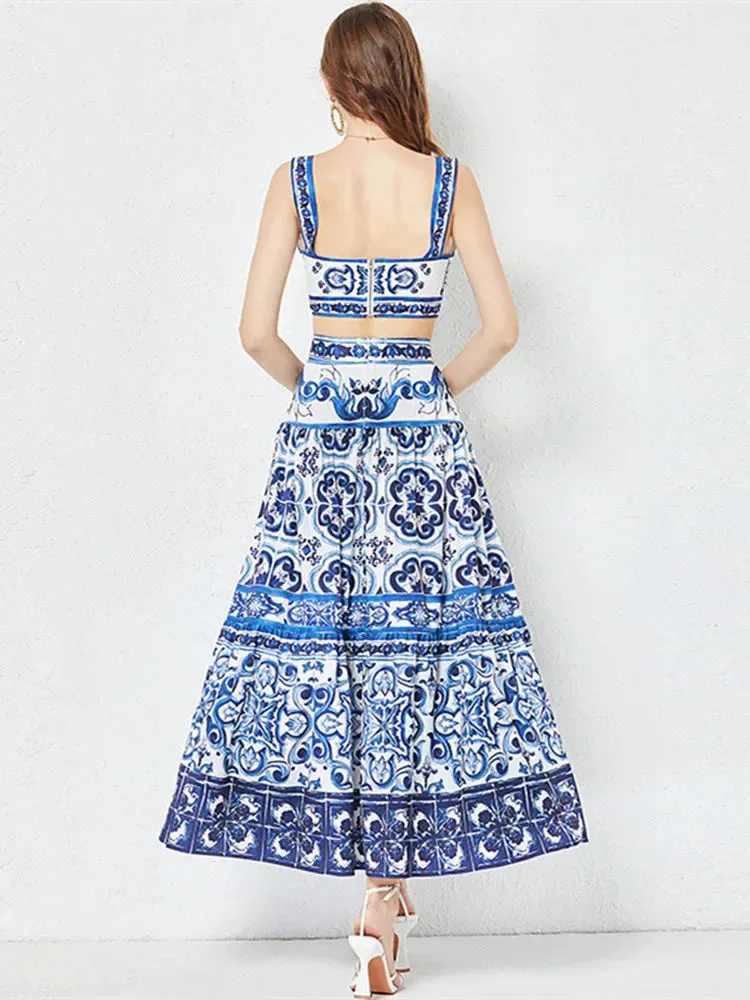 LVSANW JAMERARY Summer Runway Blue And White Porcelain Two Piece Set Women Flower Print Short Crop Top   Holiday Beach Maxi Skirt Suits