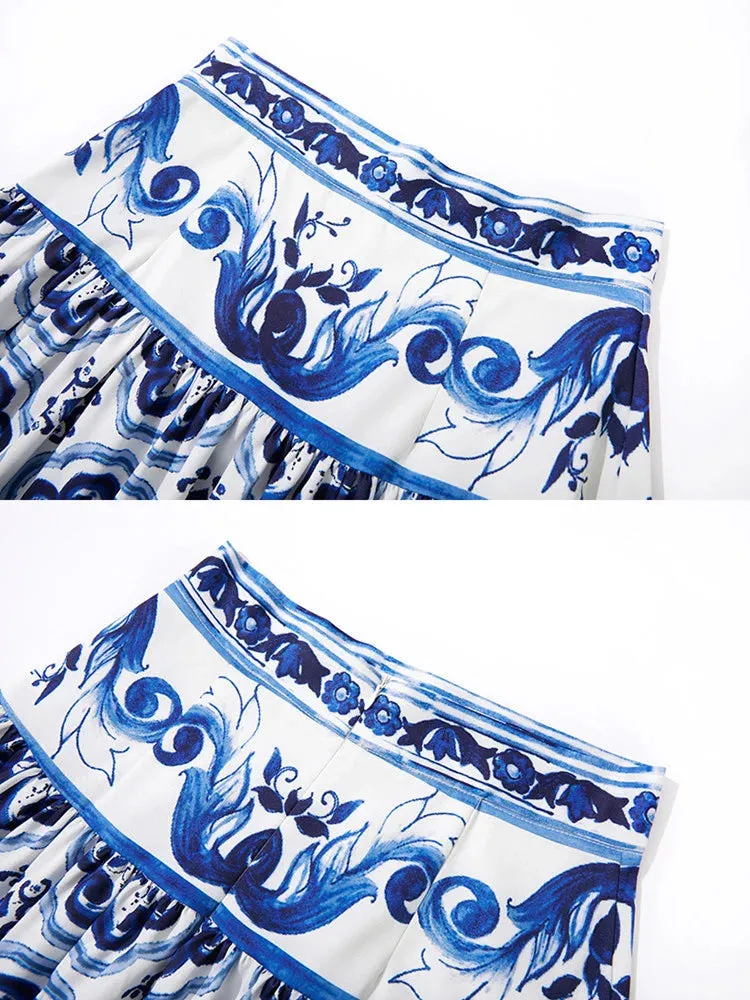 LVSANW JAMERARY Summer Runway Blue And White Porcelain Two Piece Set Women Flower Print Short Crop Top   Holiday Beach Maxi Skirt Suits