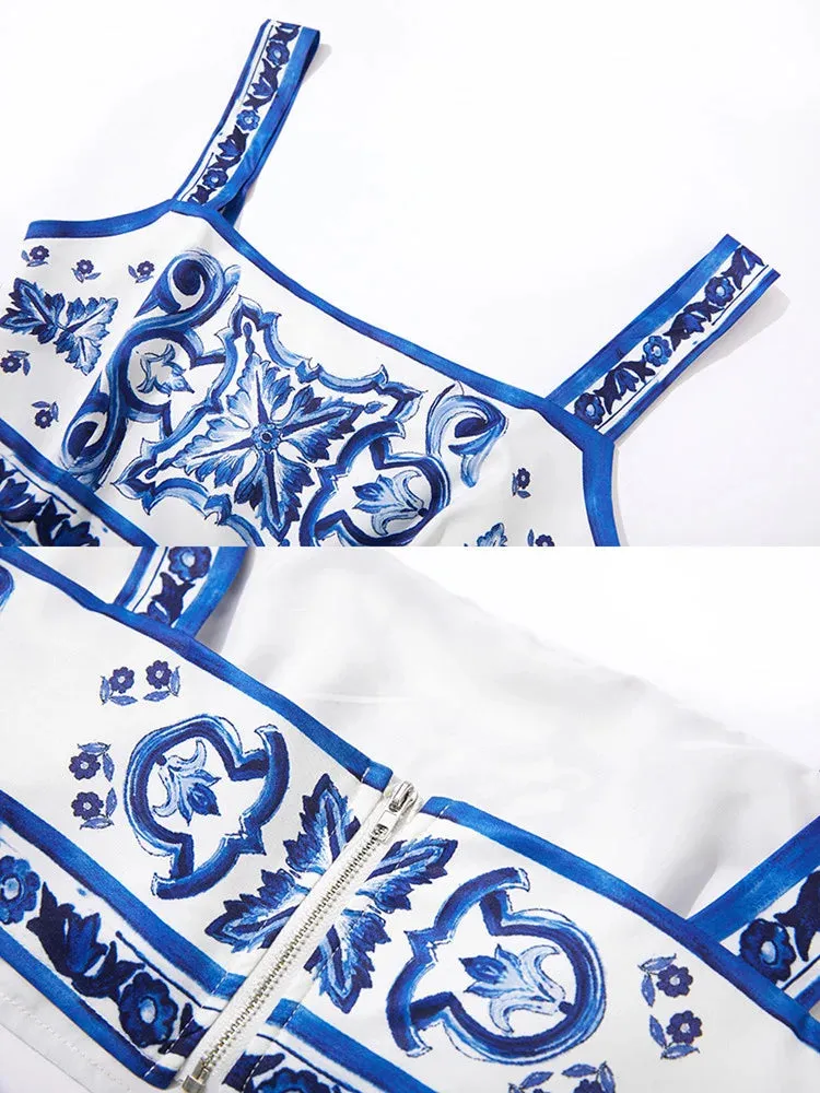 LVSANW JAMERARY Summer Runway Blue And White Porcelain Two Piece Set Women Flower Print Short Crop Top   Holiday Beach Maxi Skirt Suits