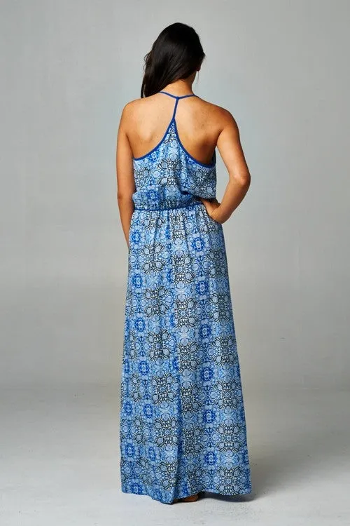 Tapestry Layered Front Sleeveless Maxi Dress