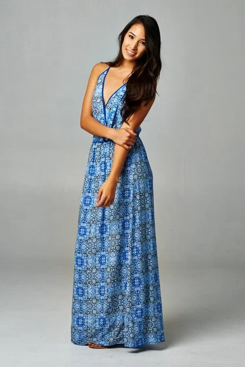 Tapestry Layered Front Sleeveless Maxi Dress