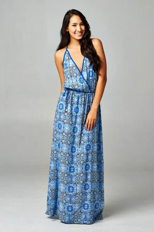 Tapestry Layered Front Sleeveless Maxi Dress