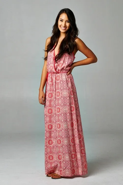 Tapestry Layered Front Sleeveless Maxi Dress