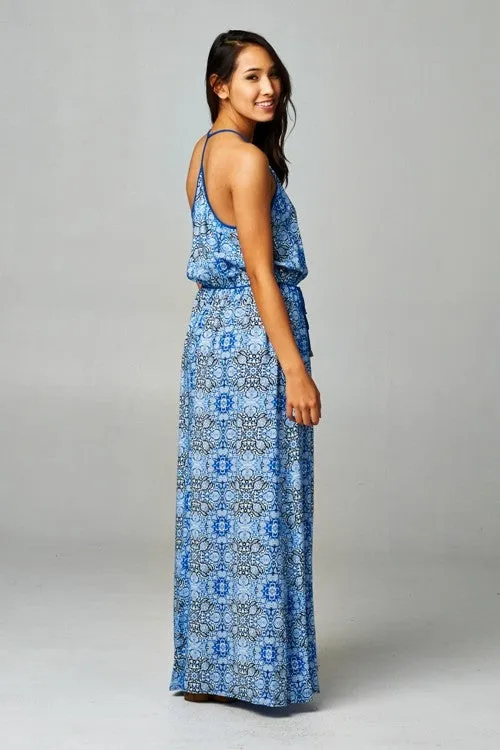 Tapestry Layered Front Sleeveless Maxi Dress