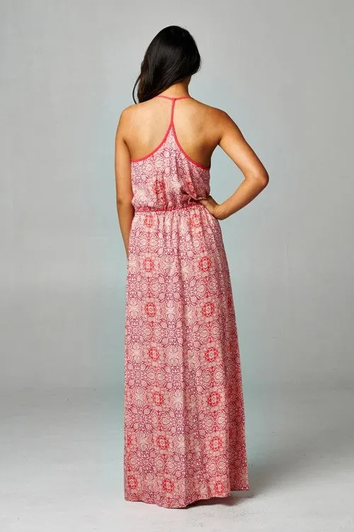 Tapestry Layered Front Sleeveless Maxi Dress