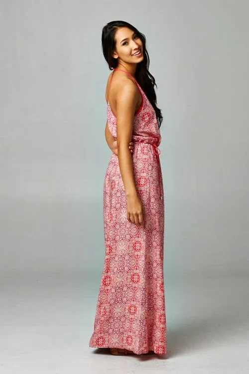 Tapestry Layered Front Sleeveless Maxi Dress